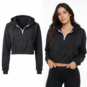 Strut This | Black Cropped Hoodie | 100% Cotton | Half Zip | Medium